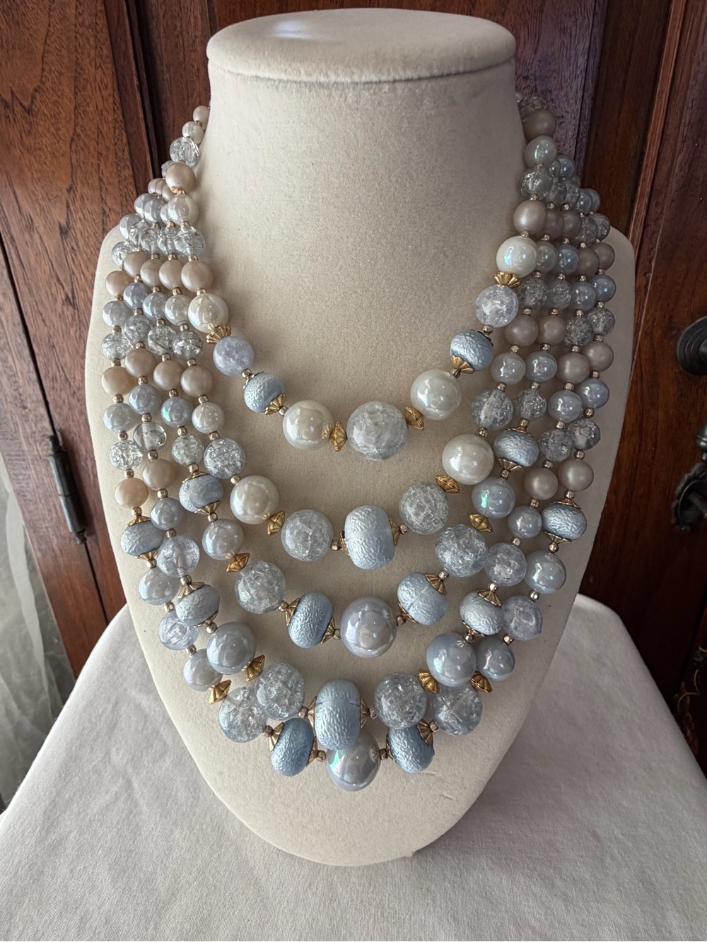 Vintage Japan Multi Strand Icy Blue Gray Faux Pearl Bead Statement Necklace